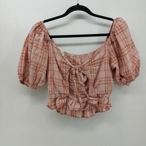 Sim & Sam Women's Top 90s Y2K Smocked Plaid Pink Shortsleeve